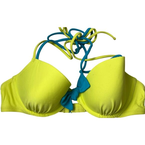 Aerie 34C Neon Yellow Swimwear Bikini Top Blue Bowtie Adjustable Halter Top - Picture 1 of 5